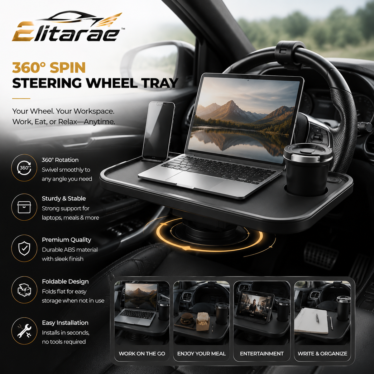 Elitarae™ SpinDesk 360° Rotating Steering Wheel Work Tray